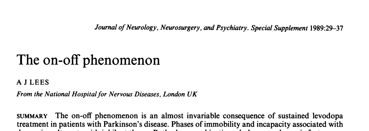 On-off phenomenon article in Parkinson's Disease patients, from 1989