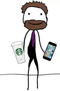 Man from XXI century with cell phone and Starbucks