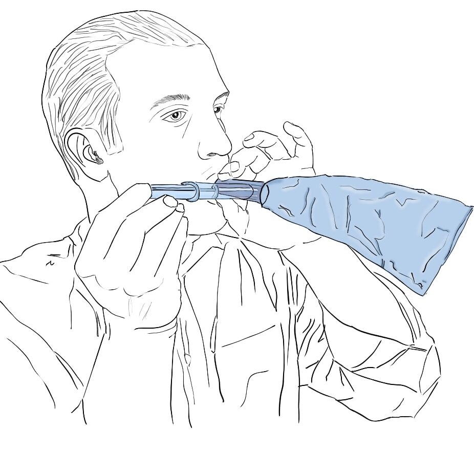 drawing of a man doing the hydrogen breath test